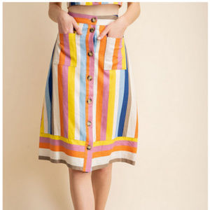 Rainbow Stripe Eliza Button Front Linen Midi Skirt